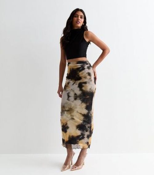 Black Tie Dye Mesh Midi Skirt...