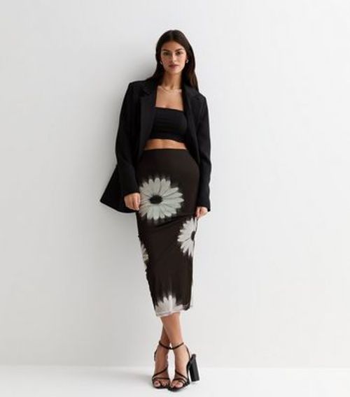 Black Daisy Print Mesh Midi...