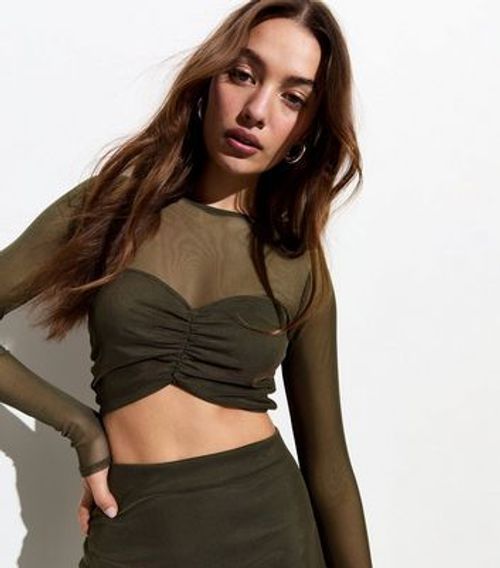 Olive Mesh Long Sleeve Ruched...