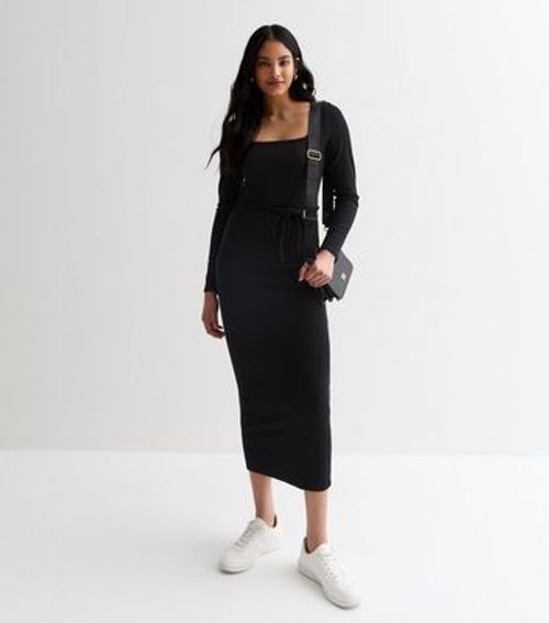 Black Ribbed Square Neck Midi...