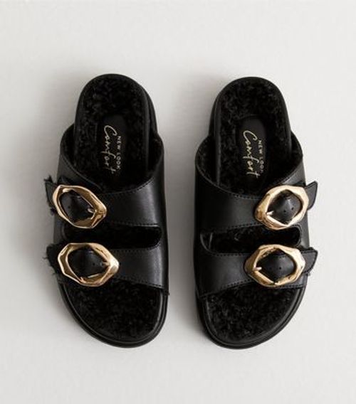 Black Faux-Fur Trim Flat...