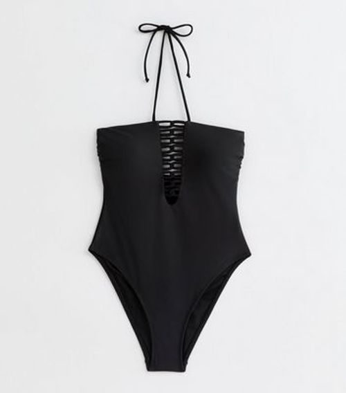 Black Lace-Front Bandeau Swimsuit New Look