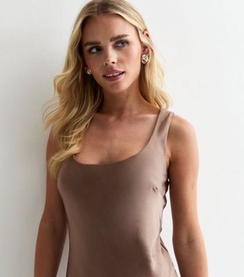 Petite Brown Satin Scoop Neck...