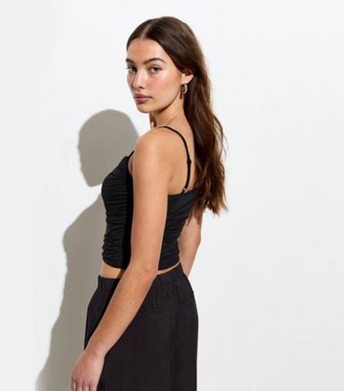 Black Mesh Ruched Cami Crop...