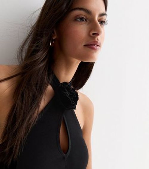 Black Corsage Halter Crop Top...