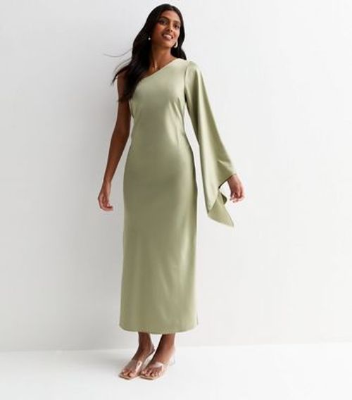 Olive Satin One Shoulder Maxi...