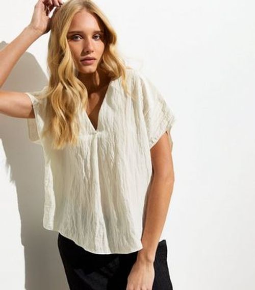 White Crinkle V-Neck Shell...