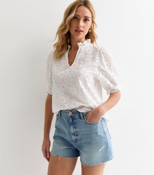 White Frill Floral Cotton Broderie Top New Look