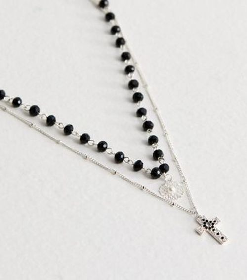 Silver Beaded Layered Cross...