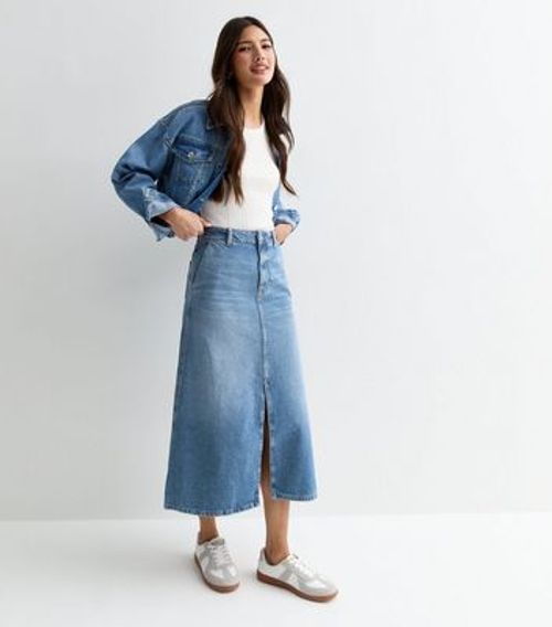 Blue Denim Flared Midi Skirt...