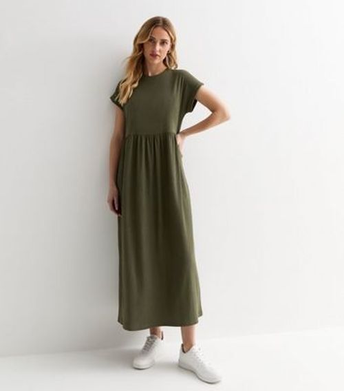 Khaki Crinkle Smock Midi...