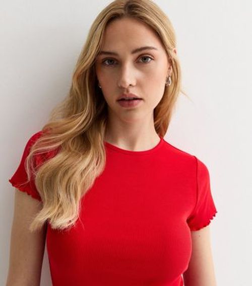 Red Ribbed Frill Hem T-Shirt...