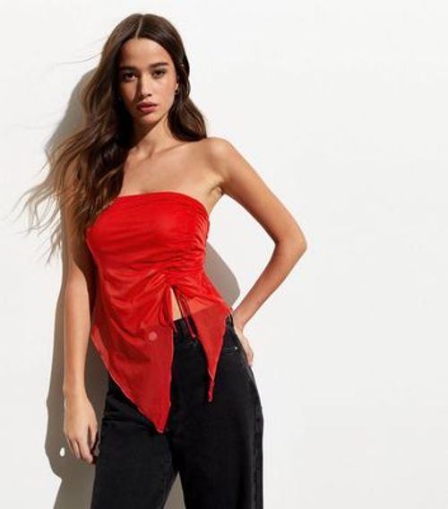 Red Mesh Ruched Bandeau Top...