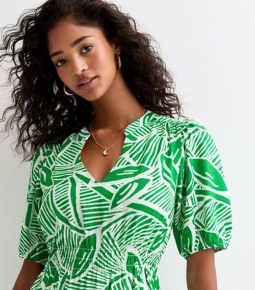Green Leaf-Print Midi Dress...