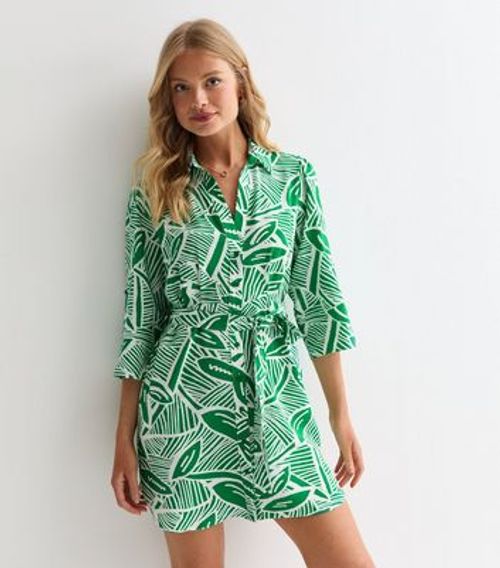 Green Leaf-Print Mini Shirt...