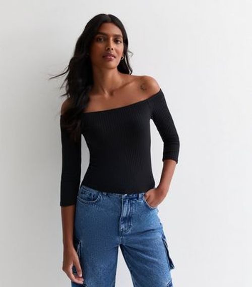 Black Ribbed Bardot Top New...