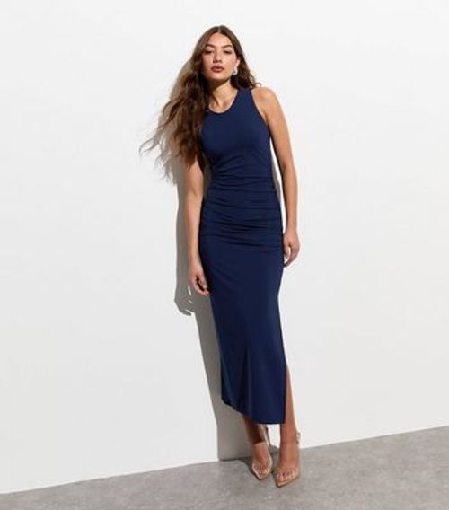 Blue Ruched Sleeveless Midi...