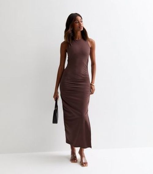 Brown Ruched Sleeveless Midi...