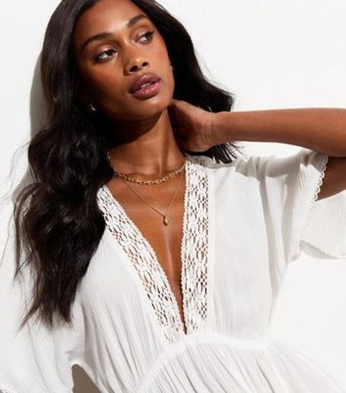 White V-Neck Lace-Trim...