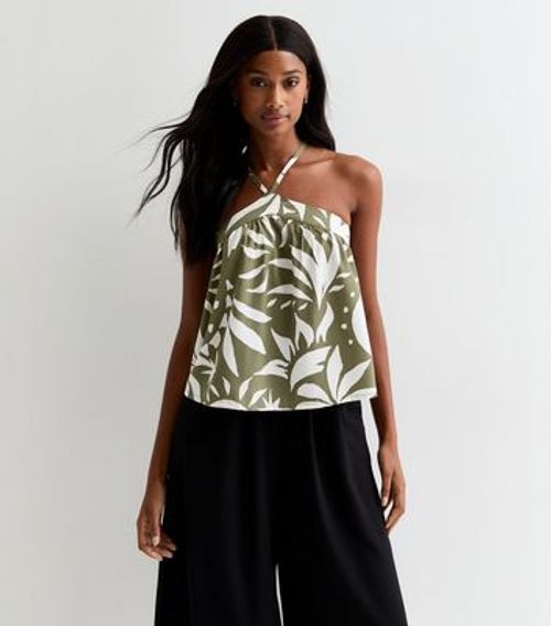 Green Palm-Print Halter-Neck...