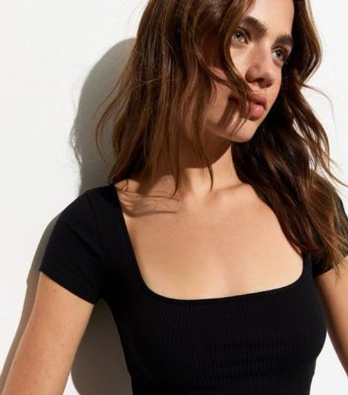 Black Rib Square-Neck Crop...