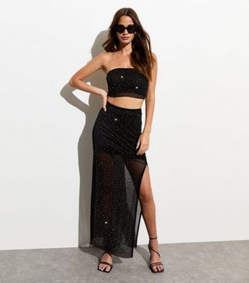 Black Rhinestone Split Hem Mesh Midi Skirt New Look