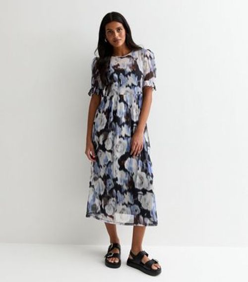 Blue Rose Print Mesh Smock...