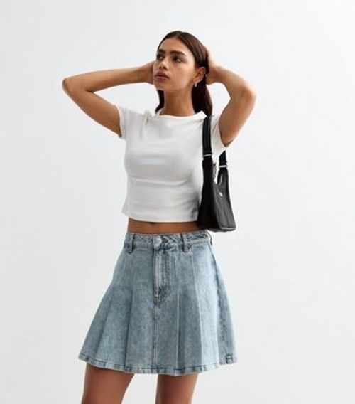 Blue Pleated Denim Mini Skirt...