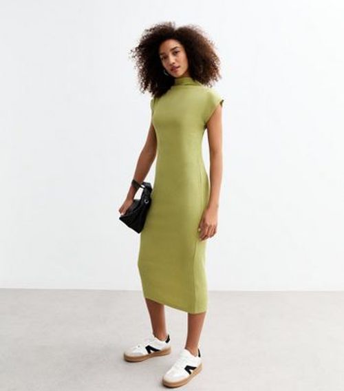 Green Textured Funnel Neck Midi Dress New Look