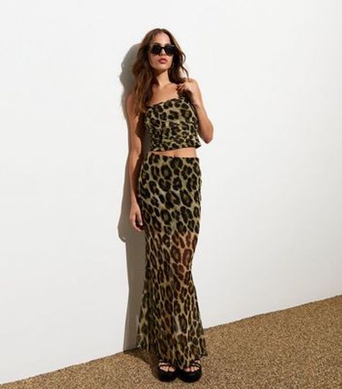 Brown Leopard Print Mesh Midi...