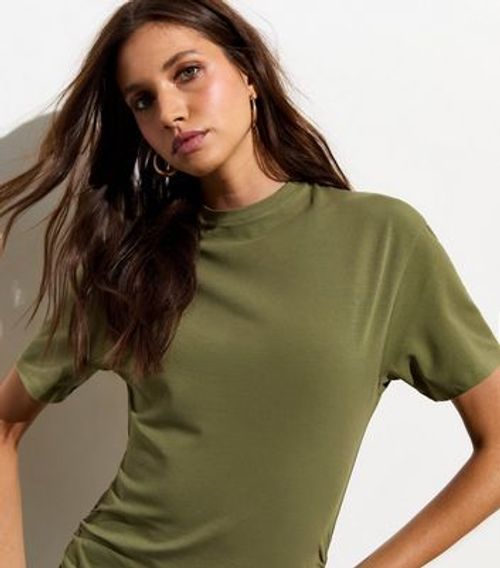 Khaki Short Sleeve Ruched...