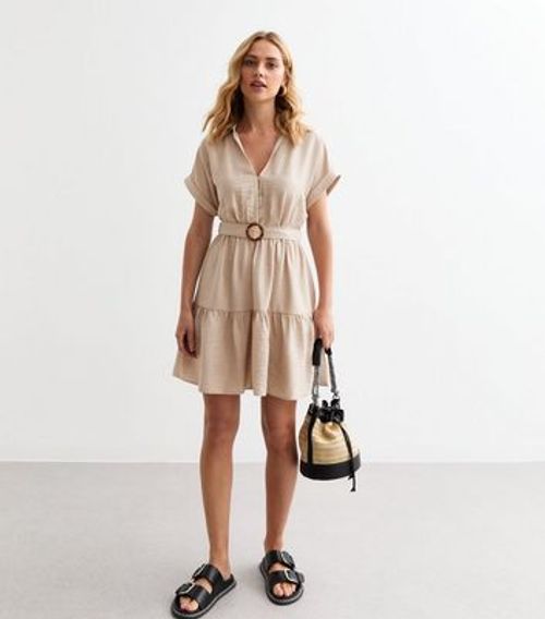 Stone Belted Mini Shirt Dress...