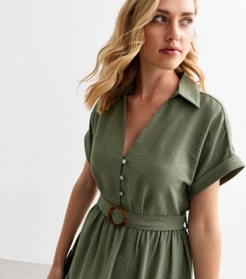 Khaki Belted Mini Shirt Dress...