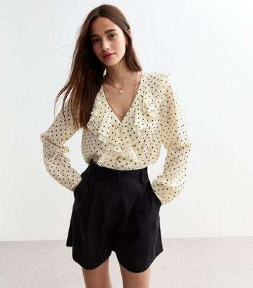 Cream Polka Dot Ruffle Neck...