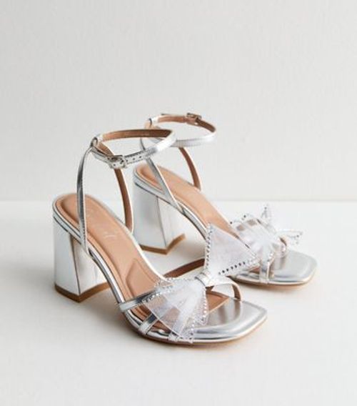 Silver Mesh Bow Block Heel Sandals New Look