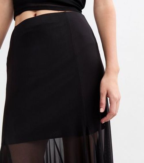 Black Mesh Godet Midi Skirt...