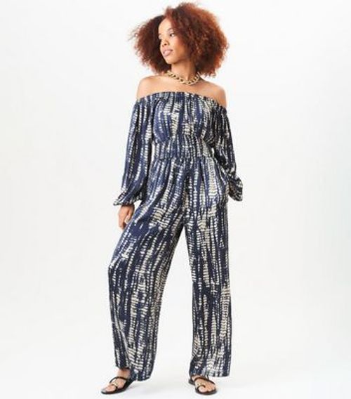 Gini London Navy Shirred Abstract Print Bandeau Wide Leg Jumpsuit New Look