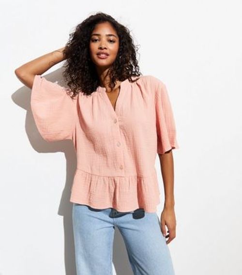 Pink Textured Cotton Peplum-Hem Blouse New Look