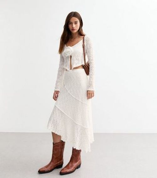 White Lace Asymmetric Midi...