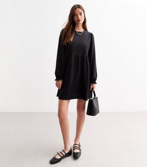 Black Crinkle Long Sleeve Mini Smock Dress New Look