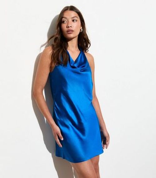 Blue Satin Cowl-Neck Mini...