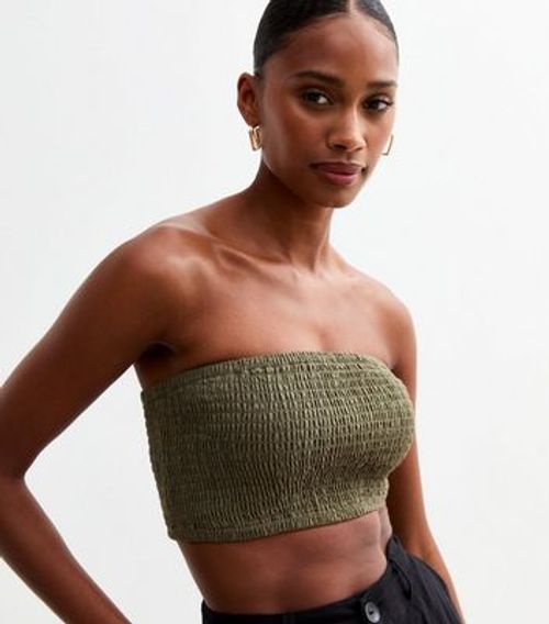 Olive Shirred Bandeau Crop...