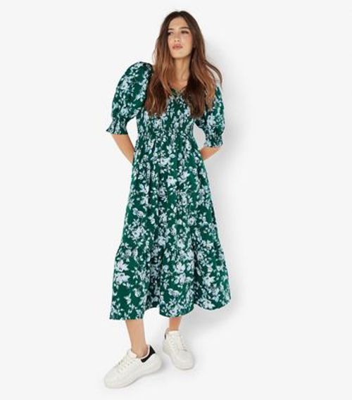 Apricot Green Cotton-Blend Rose Print Milkmaid Midi Dress New Look