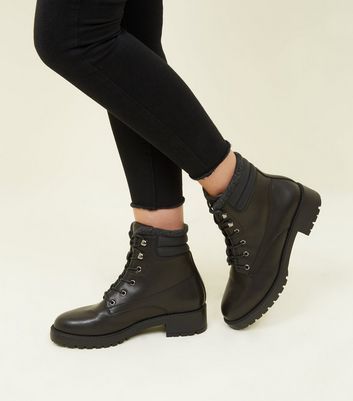 Black Leather-Look Chunky Hiker Boots 