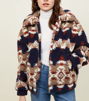 Blue Aztec Print Teddy Borg Bomber 