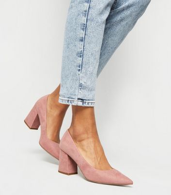 Pink Flared Block Heel Court Shoes New 