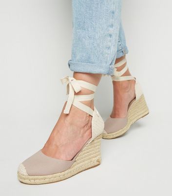 Grey Ribbon Ankle Tie Espadrille Wedges 