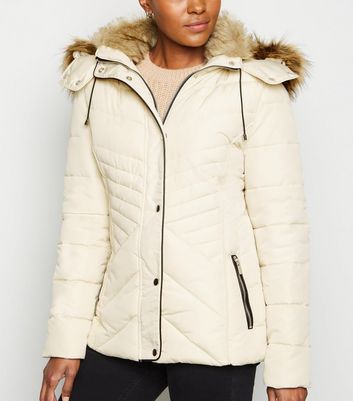 Stone Faux Fur Trim Fitted Puffer 