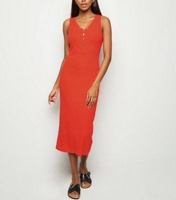 Red Ribbed Popper Midi Bodycon Dress 