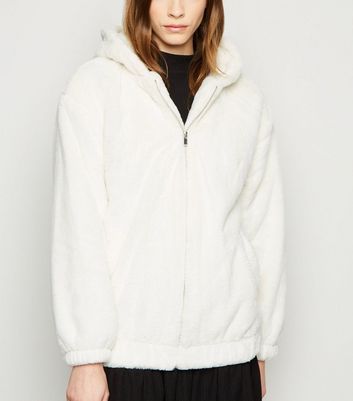 White Faux Fur Hooded Bomber Jacket New 